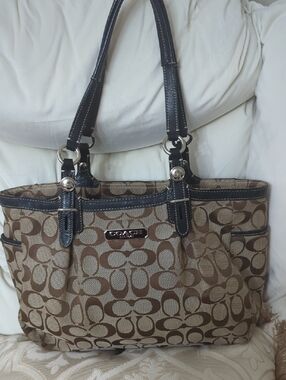 Coach Brown Signature Canvas Tote Bag with Black Trim